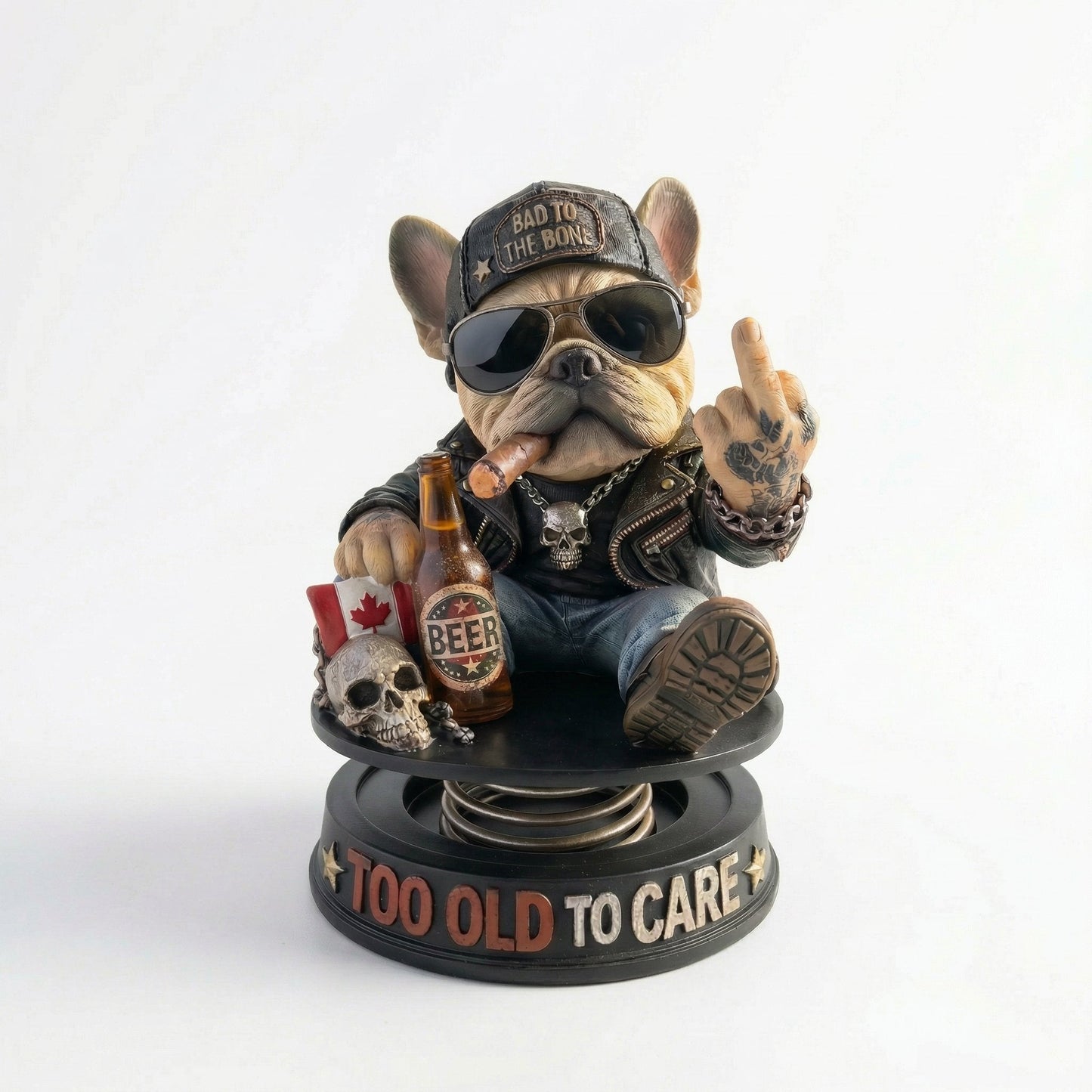 "Too Old To Care" Hardcore Frenchie Dashboard Bobblehead😎 - Rebellious Middle Finger Bulldog Car Decor