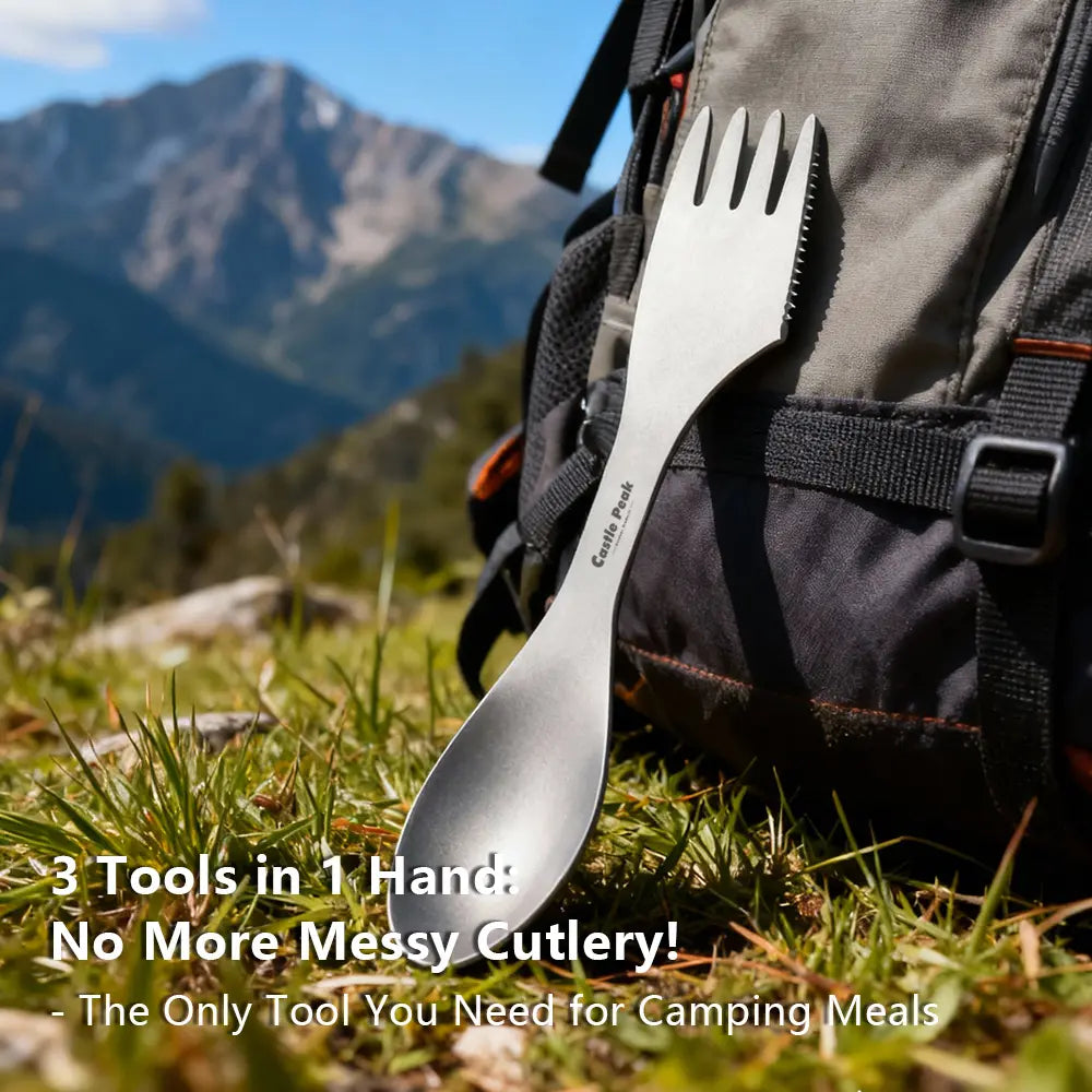 Titanium Camping Utensil Set | Unbreakable Knife+Fork+Spoon Combo for Hiking & Survival | Corrosion-Resistant & Easy Clean | All-In-One Titanium Spork Camping Burner