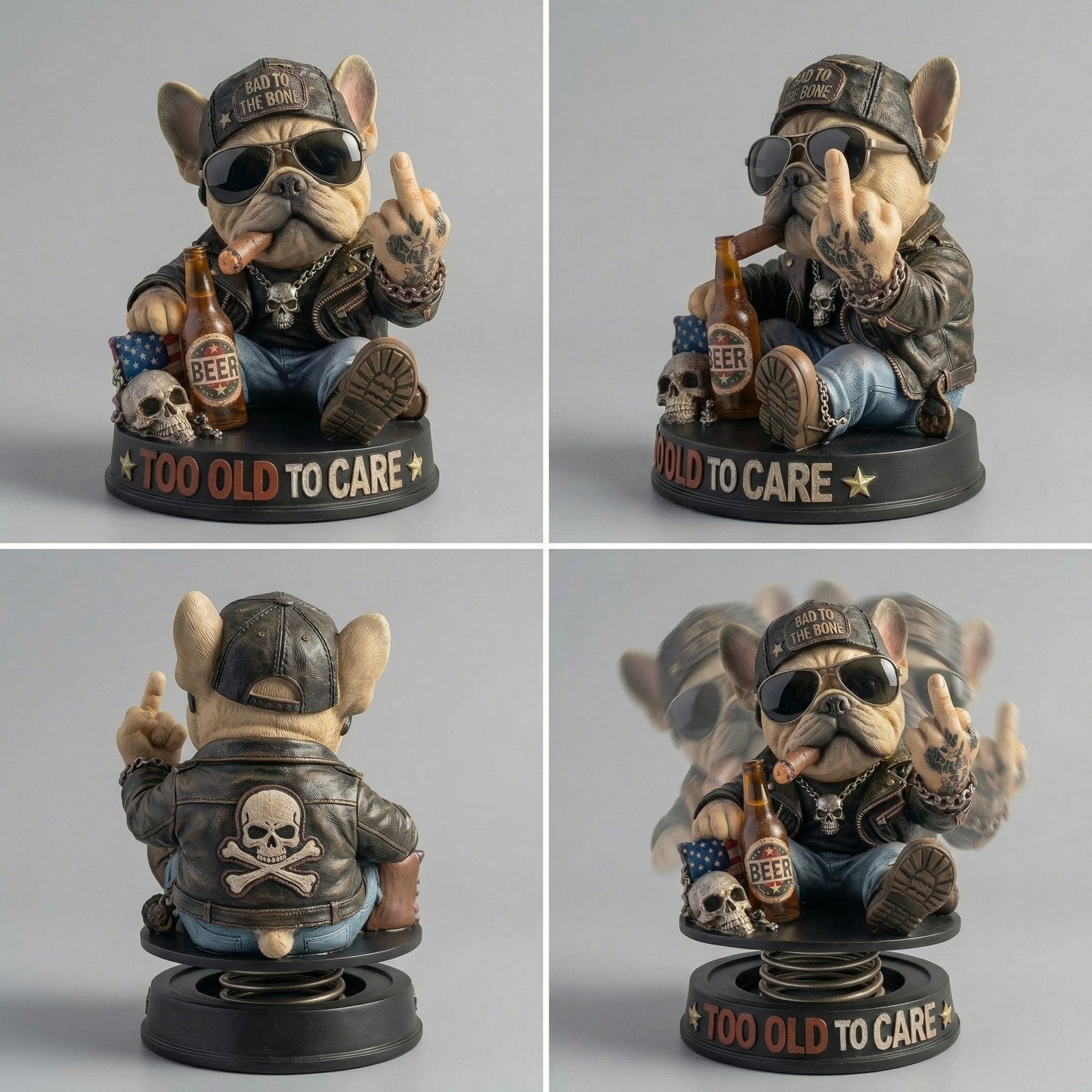 "Too Old To Care" Hardcore Frenchie Dashboard Bobblehead😎 - Rebellious Middle Finger Bulldog Car Decor