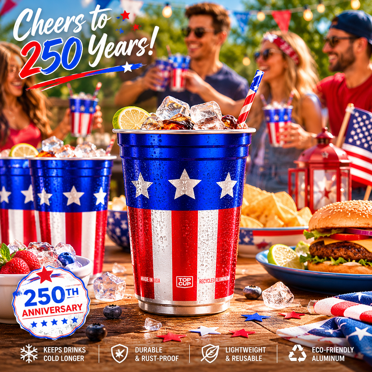 🇺🇸✨ 250th Anniversary Patriotic Aluminum Party Cups – Reusable Red, White & Blue Celebration Tumblers 🎆🥤