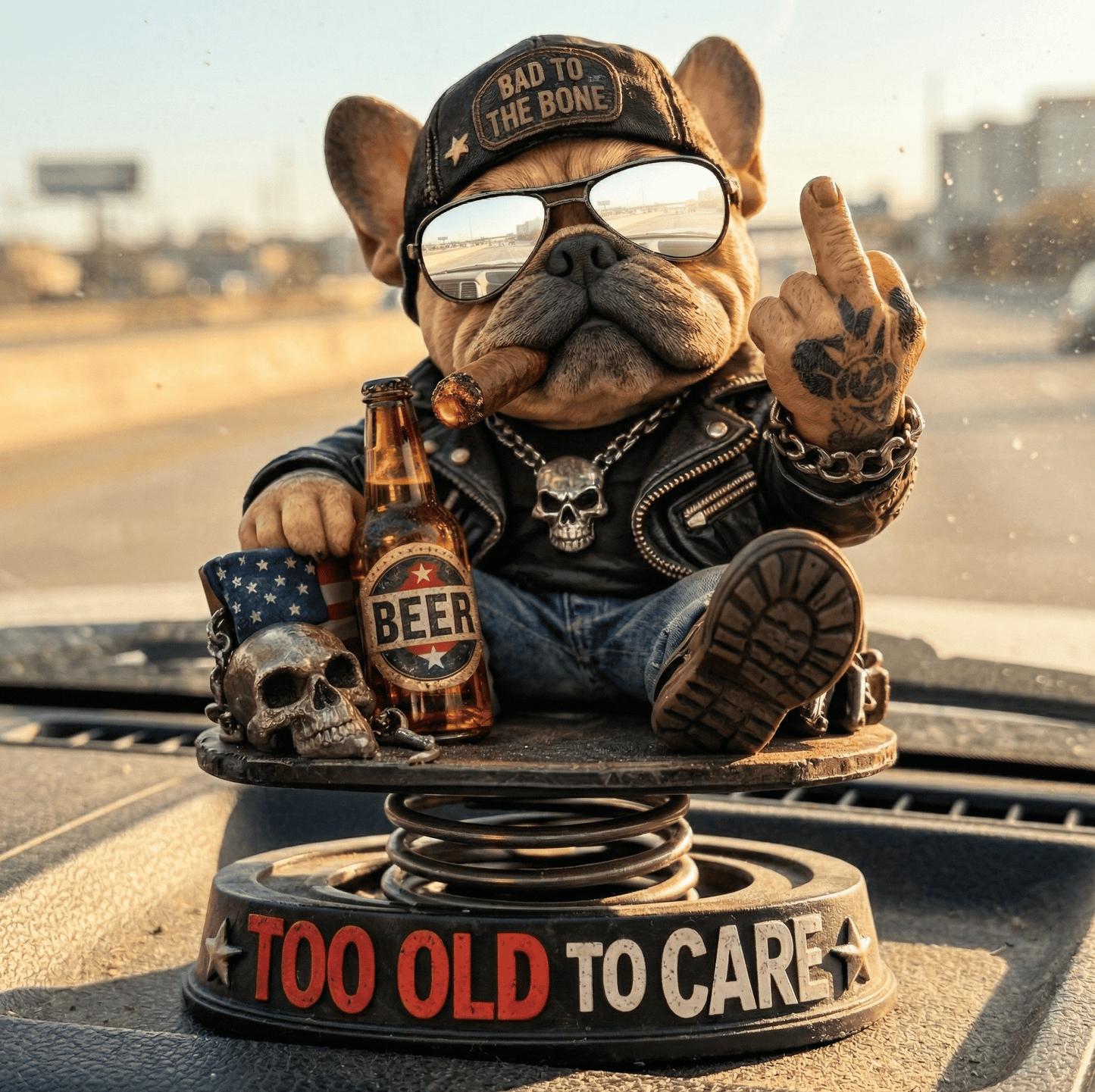 "Too Old To Care" Hardcore Frenchie Dashboard Bobblehead😎 - Rebellious Middle Finger Bulldog Car Decor