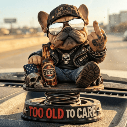 "Too Old To Care" Hardcore Frenchie Dashboard Bobblehead😎 - Rebellious Middle Finger Bulldog Car Decor