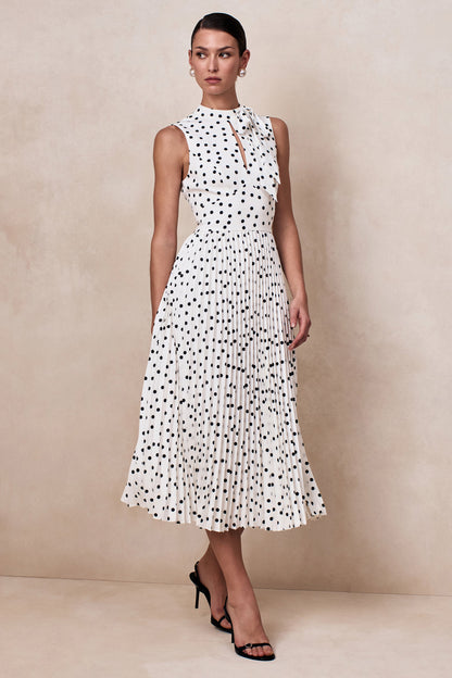 White Polka Dot Scarf-Neck Midi Dress With Pleated Skirt