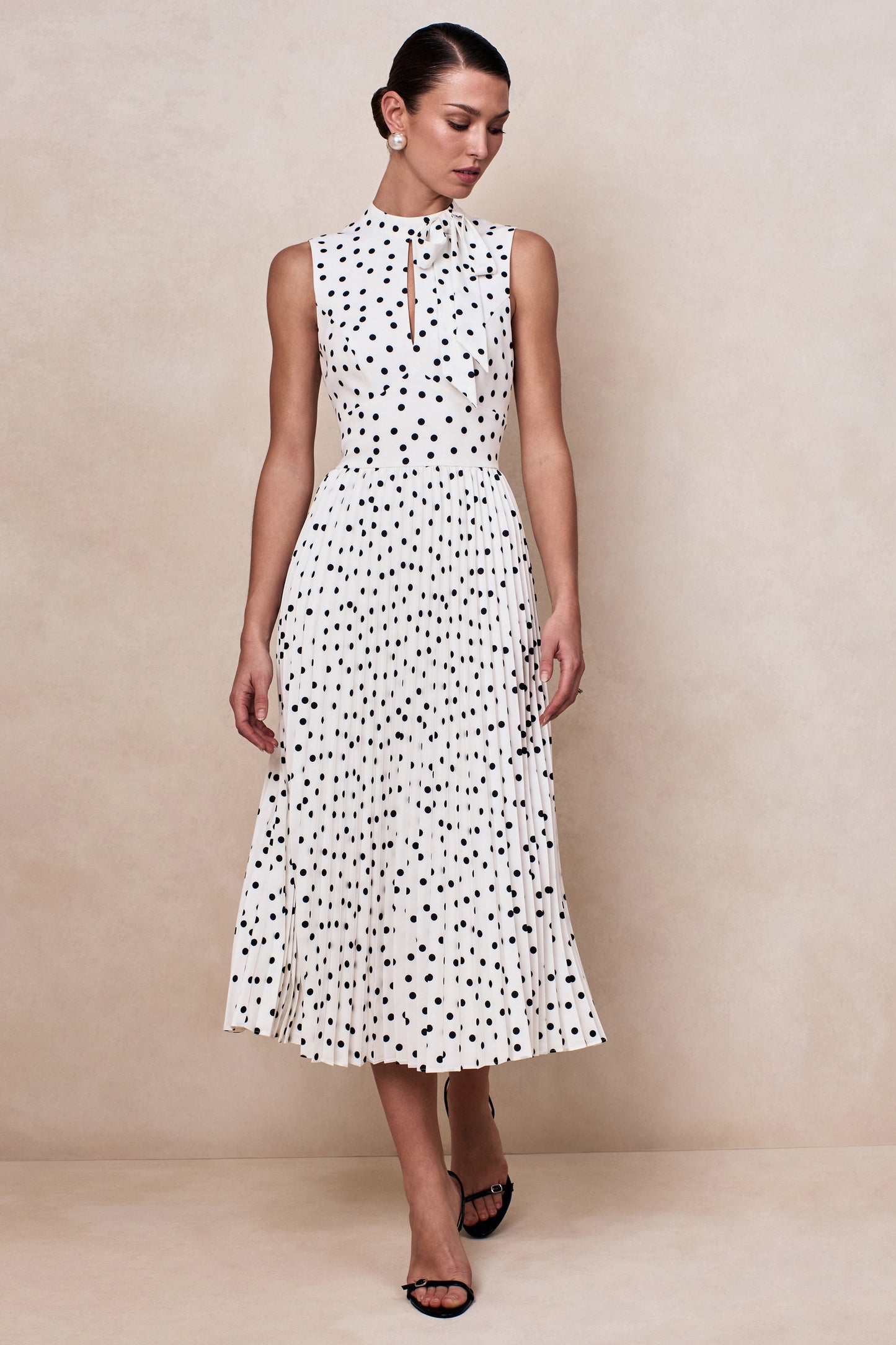White Polka Dot Scarf-Neck Midi Dress With Pleated Skirt