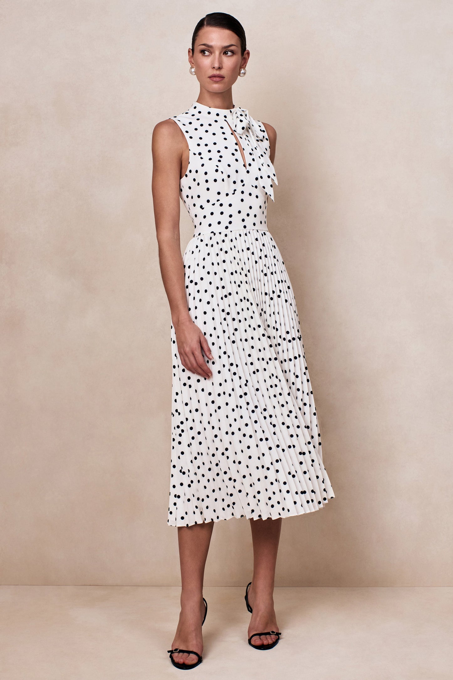 White Polka Dot Scarf-Neck Midi Dress With Pleated Skirt