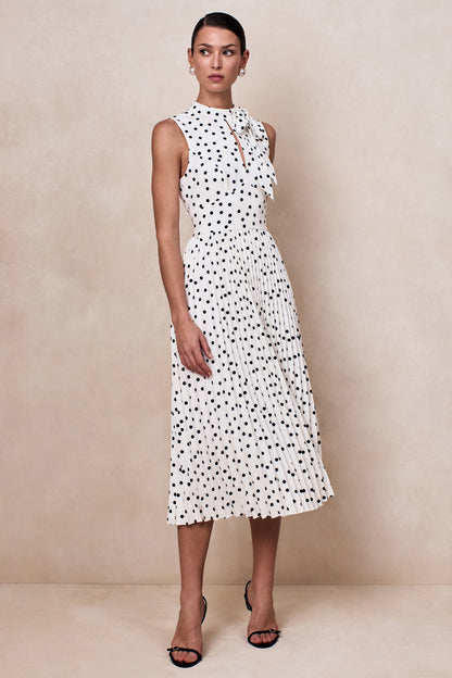 White Polka Dot Scarf-Neck Midi Dress With Pleated Skirt
