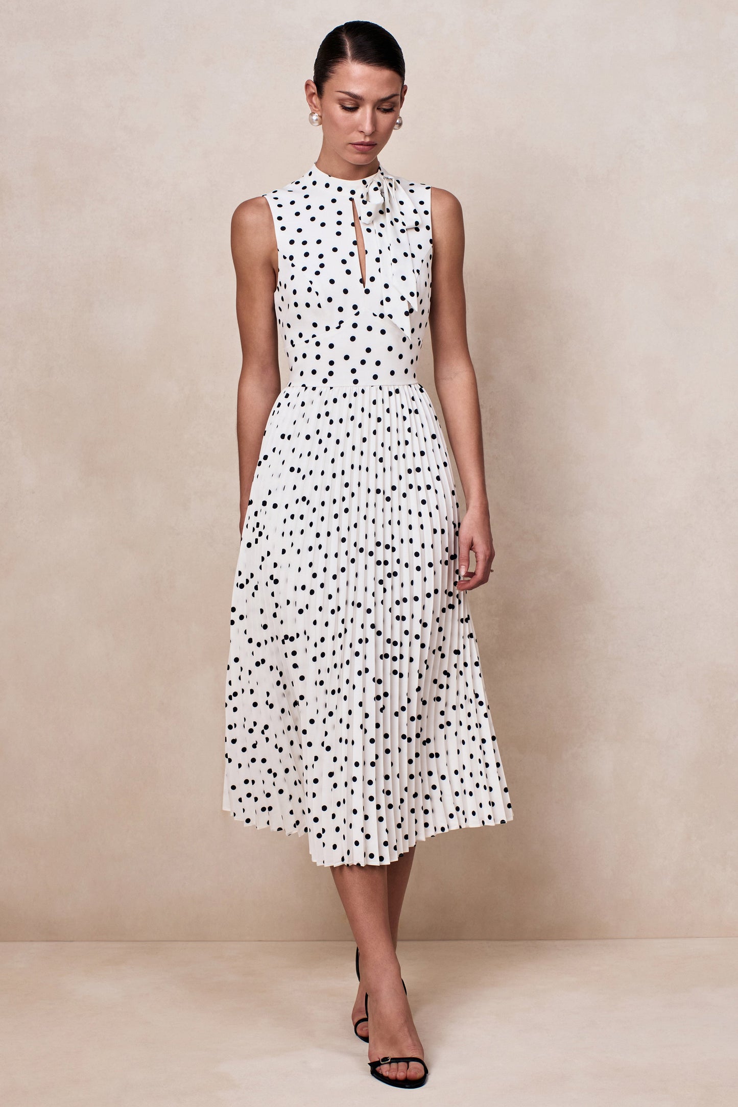 White Polka Dot Scarf-Neck Midi Dress With Pleated Skirt