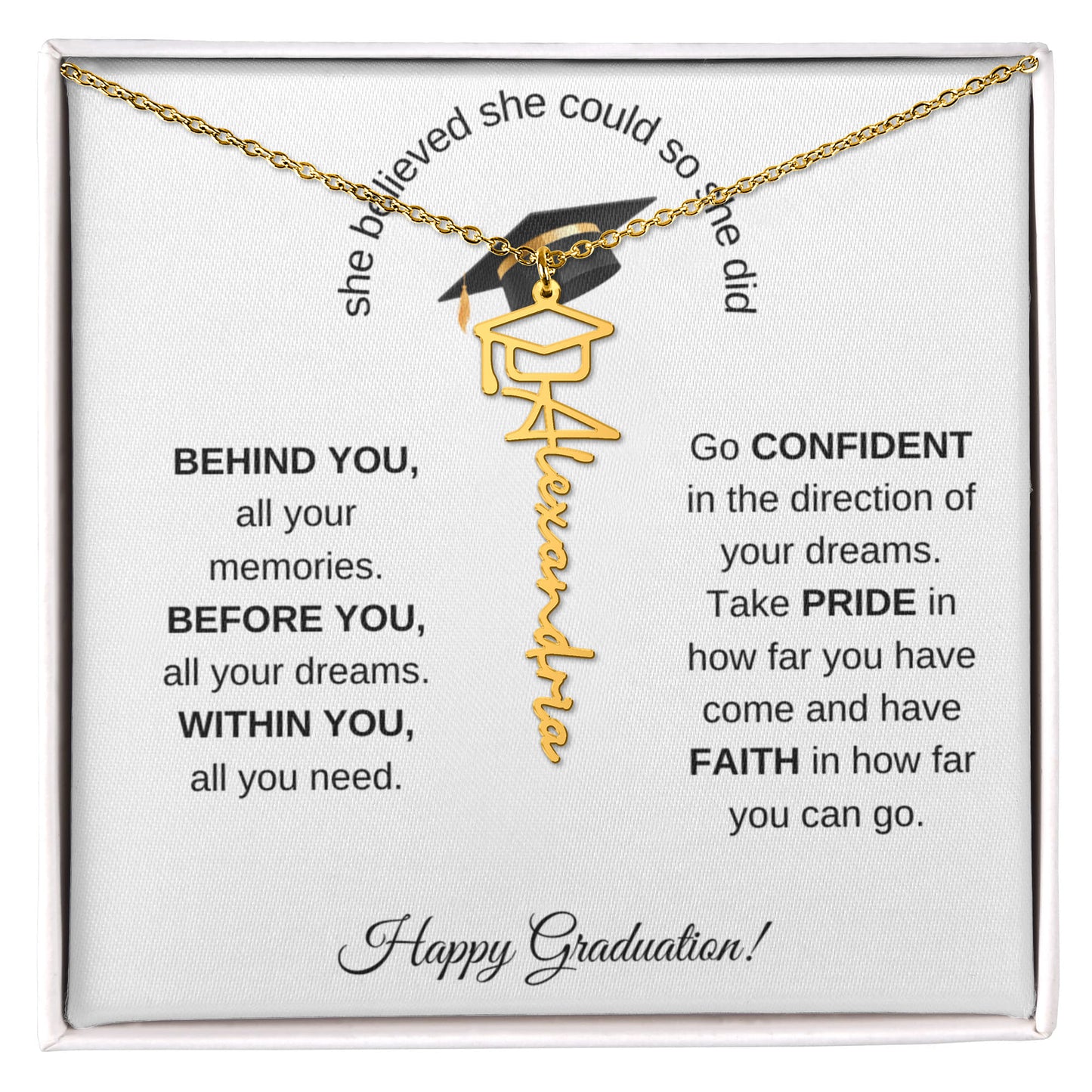 She believed She Could So She Did - Graduation Cap Name Necklace
