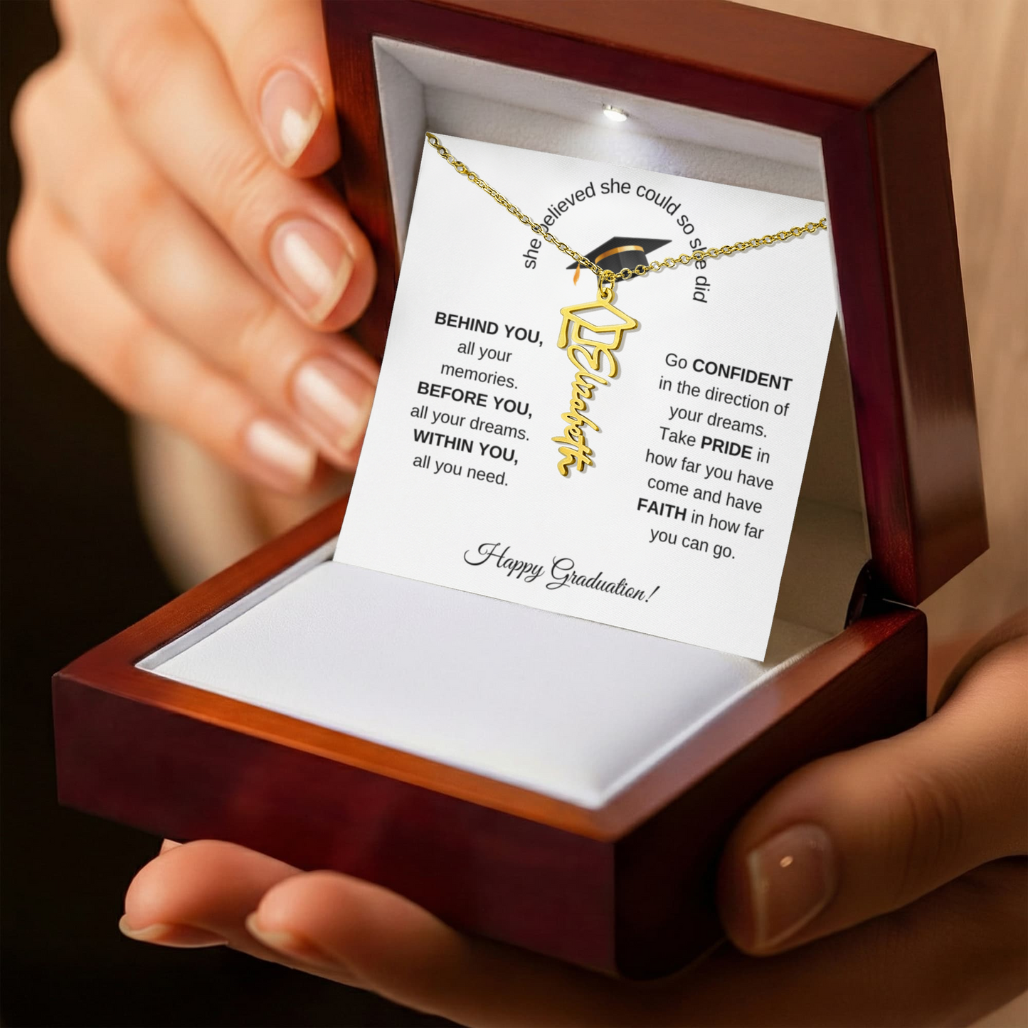 She believed She Could So She Did - Graduation Cap Name Necklace