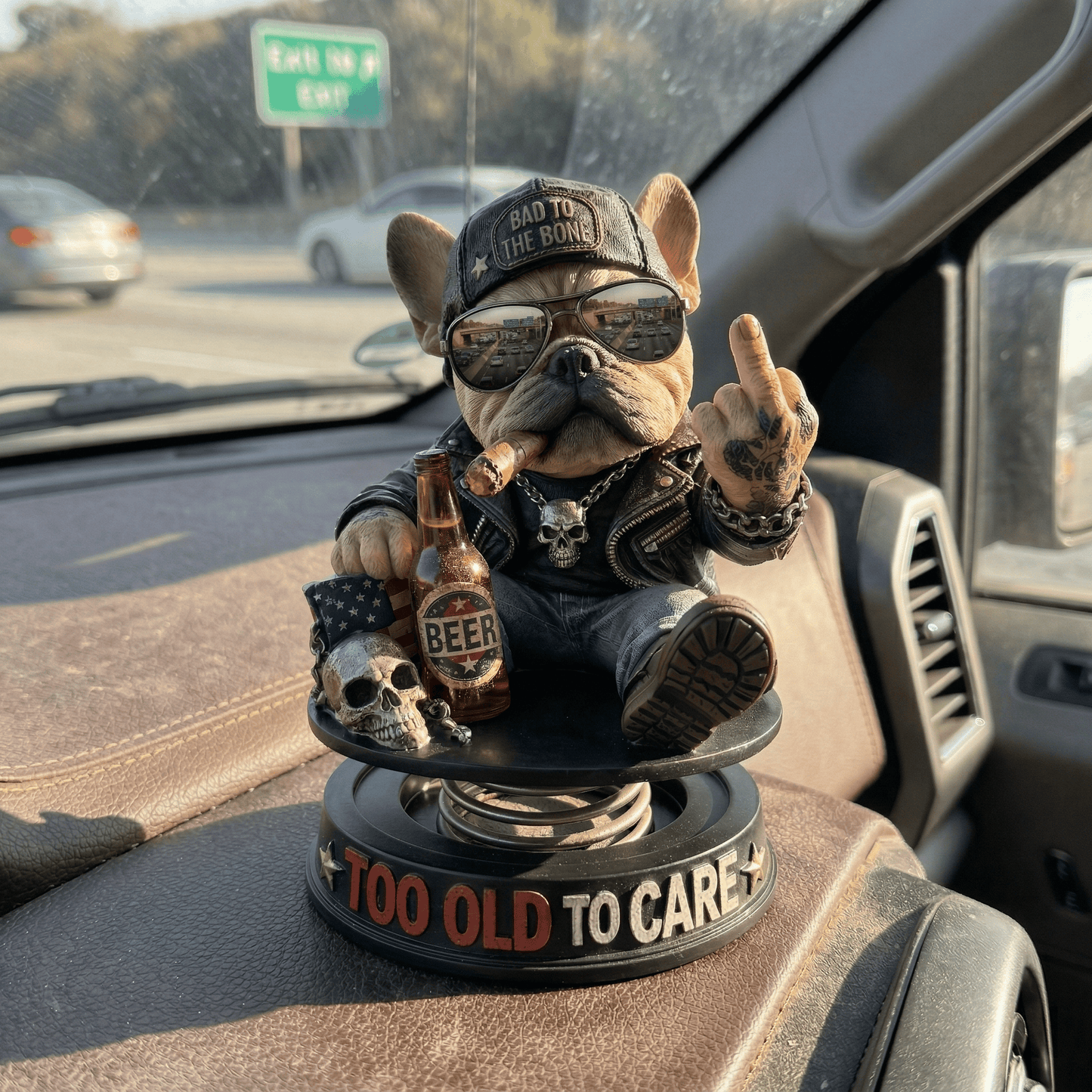 "Too Old To Care" Hardcore Frenchie Dashboard Bobblehead😎 - Rebellious Middle Finger Bulldog Car Decor