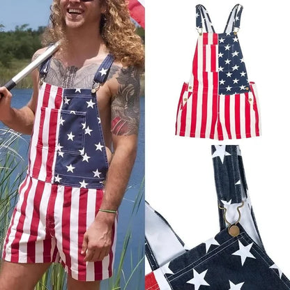 🇺🇸Men's and Women's American Flag Denim Overalls Stretch Shorts, Patriotic