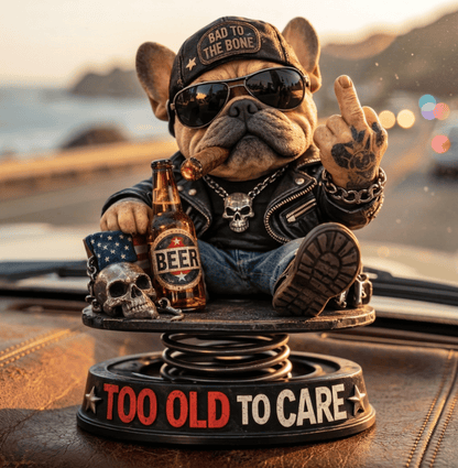 "Too Old To Care" Hardcore Frenchie Dashboard Bobblehead😎 - Rebellious Middle Finger Bulldog Car Decor