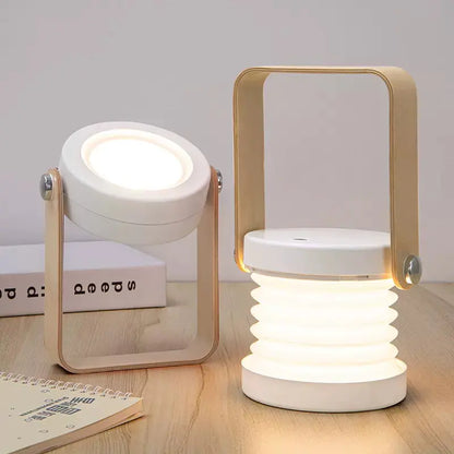 Contemporary Scandinavian Portable Retractable Lantern Cylindrical Wood Iron PC LED Table Lamp